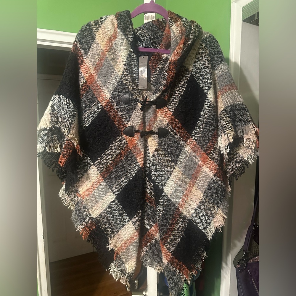 Accessory St one size black plaid hood pancho